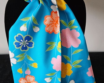 Japanese Kimono Scarf S2746 - Bright Blue Poly Floral