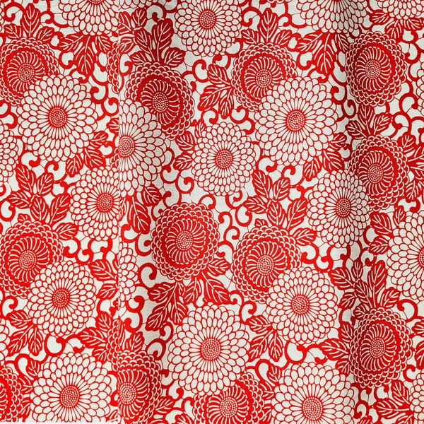 Japanese Kimono Fabric LK5 - Red & White Chrysanthemum Wool Remnant - 48"