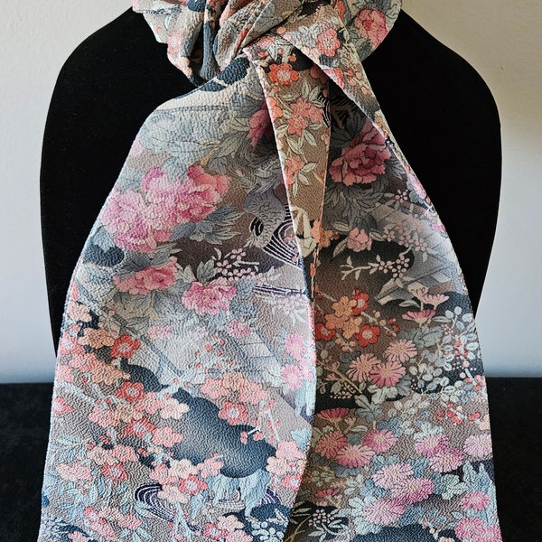 Japanese Kimono Scarf S2214 - Charcoal Grey Chirimen Silk with Pink Floral