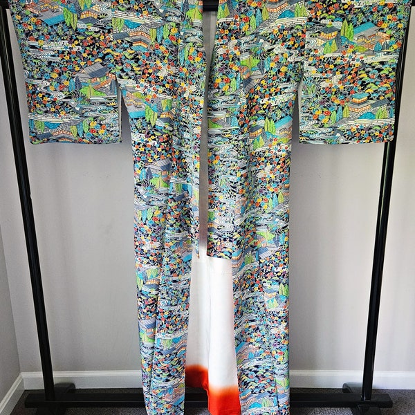 Vintage Silk Kimono - Chirimen Silk Vintage Japanese Kimono Robe H1100