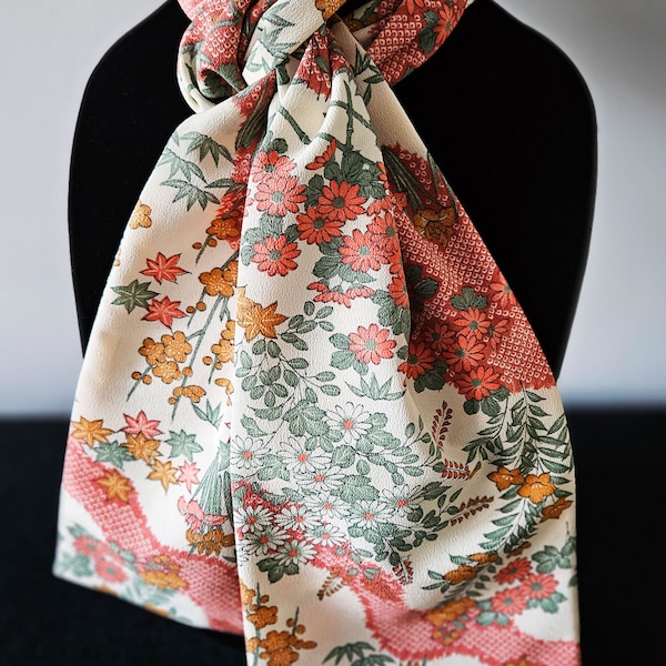 Japanese Kimono Scarf S2173 - Pale Gold with Coral Flowers