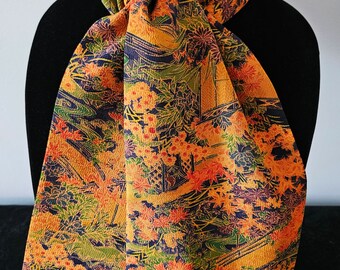 Japanese Kimono Scarf S1846 - Bright Orange and Navy Floral