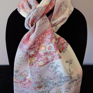Japanese Silk Kimono Scarf S4652 - Pretty in Pink Floral Print Chirimen Silk