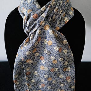 Japanese Silk Kimono Scarf S6170 - Tiny Steel Blue Arabesque and Mum Patterns