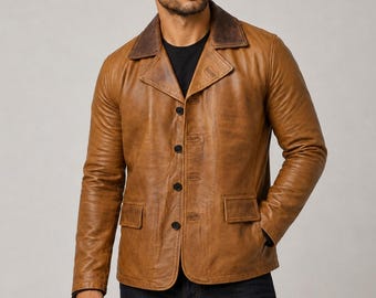 Men's Morgan Style Distressed Leather Blazer, Tan Brown Tailored Jacket