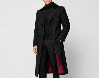 Men's Black Wool Overcoat | Tailored Long Winter Trench Style Outerwear