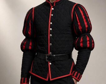 Middeleeuws gewatteerd katoenen Gambeson-jack voor heren | Renaissance re-enactment doublet | Zwart en rood gewatteerd kostuum | Historische LARP-kleding