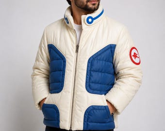 Anime Inspired Cream Blue Puffer Jacket | Men's Streetwear Quilted Bomber Coat