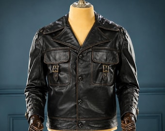 Men's Vintage Black Genuine Leather Biker Jacket – Distressed Retro Style Coat