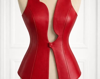 Red Sheepskin Leather Vest, Handmade Designer Open Front Waistcoat, Custom Fit