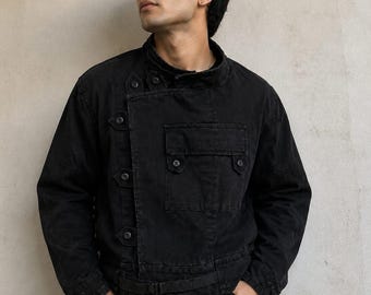 Black Cotton Denim Oversized Utility Jacket, Avant Garde Streetwear Coat