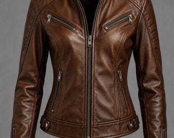 Women's Genuine Sheepskin Biker Jacket, Brown Cafe Racer Motorcycle Coat