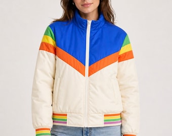 Retro Rainbow Puffer Jacket, Color Block Winter Jacket, 80s Style Vintage Inspired Coat