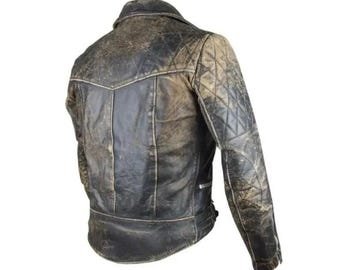 Distressed Black Leather Biker Jacket: Quilted Moto Style Coat
