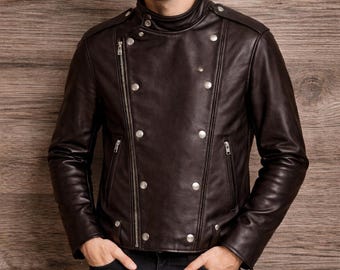 Double Breasted Vintage Style Metal Button Brown Genuine Leather Men's Jacket