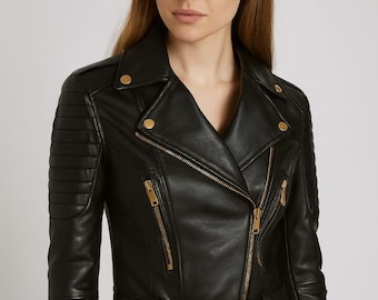 Zwart leren bikerjack – slimfit motorjas met gouden ritsen