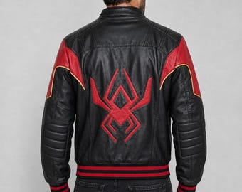 Men's Spider Inspired Black Red Leather Varsity Jacket, Superhero Cosplay Biker Coat