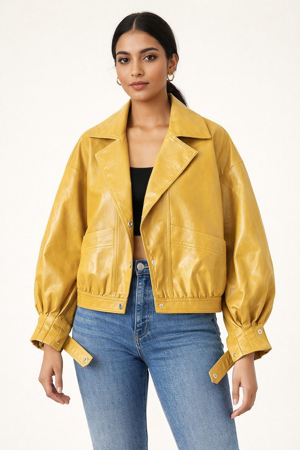 Yellow Leather Jacket Women, Mustard Cropped Oversized Vintage