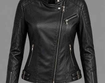 Women's Genuine Sheepskin Leather Biker Jacket, Slim Fit Cafe Racer Style