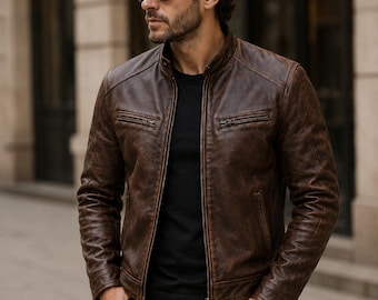 Men's Brown Genuine Leather Cafe Racer Jacket, Distressed Biker Coat