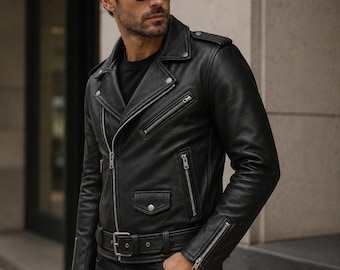 Men's Black Genuine Leather Biker Jacket, Asymmetrical Zip Motorcycle Coat