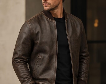 Men's Brown Leather Jacket, Vintage Style Biker Coat rib collar coat