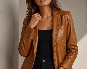 Women's Sheep Skin Leather Blazer, Cognac Tailored Coat, Vintage Office Style