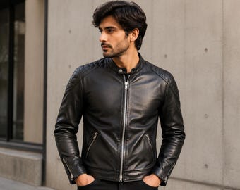 Men's Black Genuine Leather Biker Jacket Slim Fit Motorcycle Style Quilted Shoulder Coat