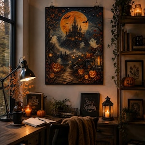 May include: A rectangular wall art print featuring a dark castle silhouette against a large orange moon, surrounded by flying bats, floating ghosts, and glowing jack-o'-lanterns along a stone path, all rendered in a detailed, atmospheric style.