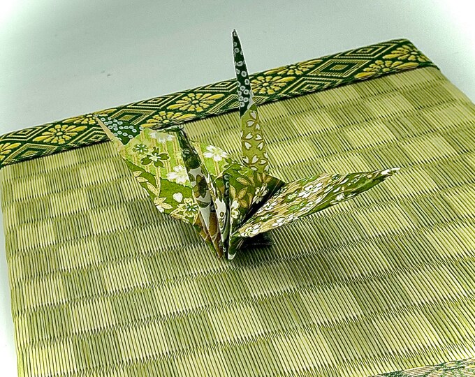 Green and Gold Origami Paper Crane Orizuru, Green Origami crane, Orizuru, Japanese origami decoration, Get well gift