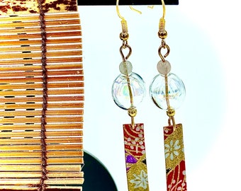 Japanese Wind Chime Style Furin Earrings, Rose Quartz Gemstone Earrings