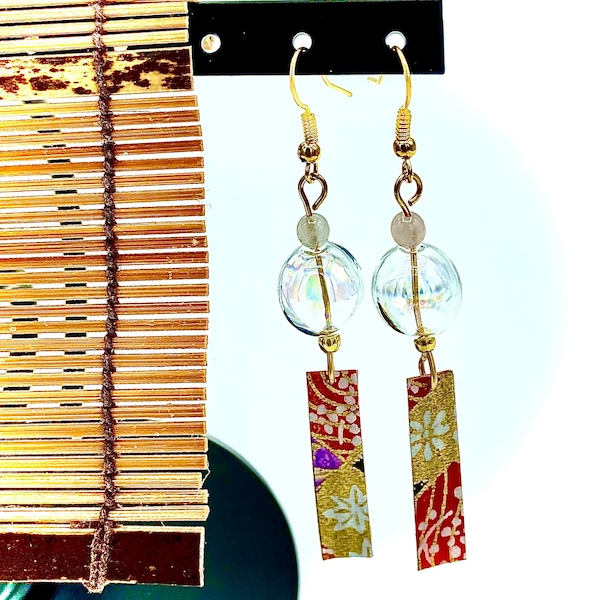 Japanese Wind Chime Style Furin Earrings, Rose Quartz Gemstone Earrings