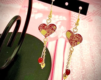 Red and Gold Heart Chiyogami Carnelian Earrings, Heart Shaped Chiyogami Earrings, Power stone Valentine Earrings