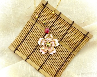 Pink Chiyogami and Gold Sakura Pendant, Sakura necklace , Rose Stripe Agate Sakura pendant