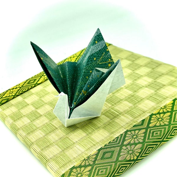 Green Origami Celebration Crane, Yuzen chiyogami crane, Japanese origami decoration