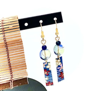 Japanese Wind Chime Earrings: Blue Chiyogami Paper & Jade Accent