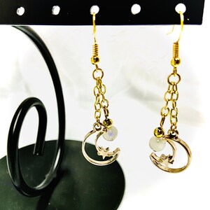 Gold Moon Star Moonstone Dangle Earrings, Moonstone dangling earrings, Power stone earrings, Gold moon star power stone earrings
