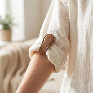 Könnte beinhalten: Ein beigefarbener Ärmelhalter aus Kunstleder mit glattem, abgerundetem Laschendesign, der um den hochgekrempelten Ärmel eines weißen, strukturierten Langarmshirts befestigt ist. Das Accessoire sitzt am Unterarm und hält den Stoff in Position.