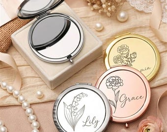 Espejo compacto personalizado con nombre, espejo de viaje con flores personalizadas, regalo para despedidas de soltera, regalo de cumpleaños para mujeres.