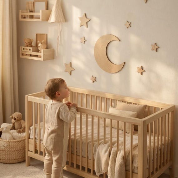 Set of Moon Cloud Nursery, Space Wall Arts, Wooden Nursery Art for Newborn Decoration