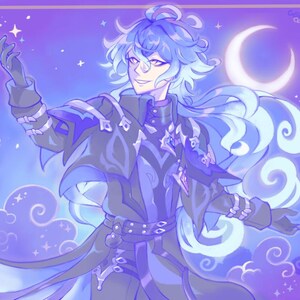 May include: Digital illustration of a character with blue hair and clothing, set against a purple and blue night sky with a crescent moon and stars. The character is smiling and has a confident expression.