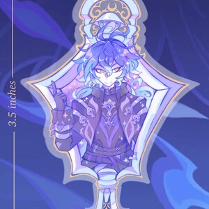 May include: A glitter charm preorder, featuring a character illustration. The charm is 3.5 inches (8.9 cm) tall. The design includes a character with blue hair and clothing, set against a blue background. Text on the charm reads "Flins glitter charm preorder."