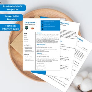 Puede incluir: Un conjunto de plantillas de currículum vitae profesionales, una plantilla de carta de presentación y una guía de entrevistas. El currículum incluye secciones de habilidades, certificaciones y experiencia laboral. Para un Junior Data Analyst.