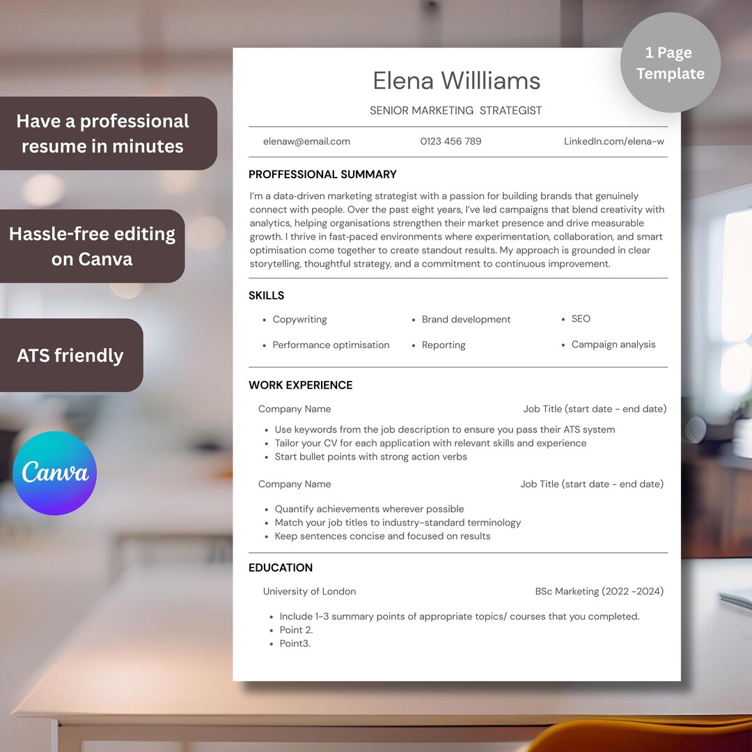 ATS Friendly Resume Template Minimalist Customisable Canva CV 1‑page ...