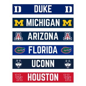 May include: A collection of rectangular banners featuring college team names and logos. The banners are in various colors, including blue, yellow, red, and white. The teams represented include Duke, Michigan, Arizona, Florida, UConn, and Houston.