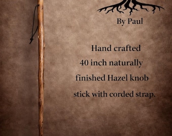 Hand Crafted Natural Hazel Knob Stick with Cord.