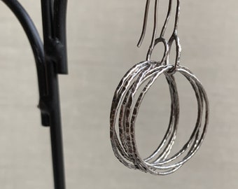 Sterling silver rustic hammered loopy earrings, hand forged, unique