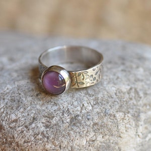 Sterling silver amethyst cabochon ring, hand forged, unique, oxidized