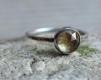 Sterling silver and lemon quartz ring, hammered, hand forged, unique, oxidized