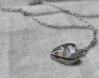 Sterling silver necklace, hand forged, glass heart cabochon, oxidized, unique, delicate